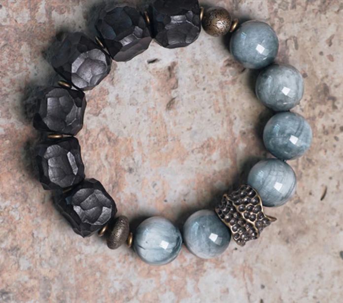 Ebony Wood & Hawk Eye Stone Vintage Bracelet